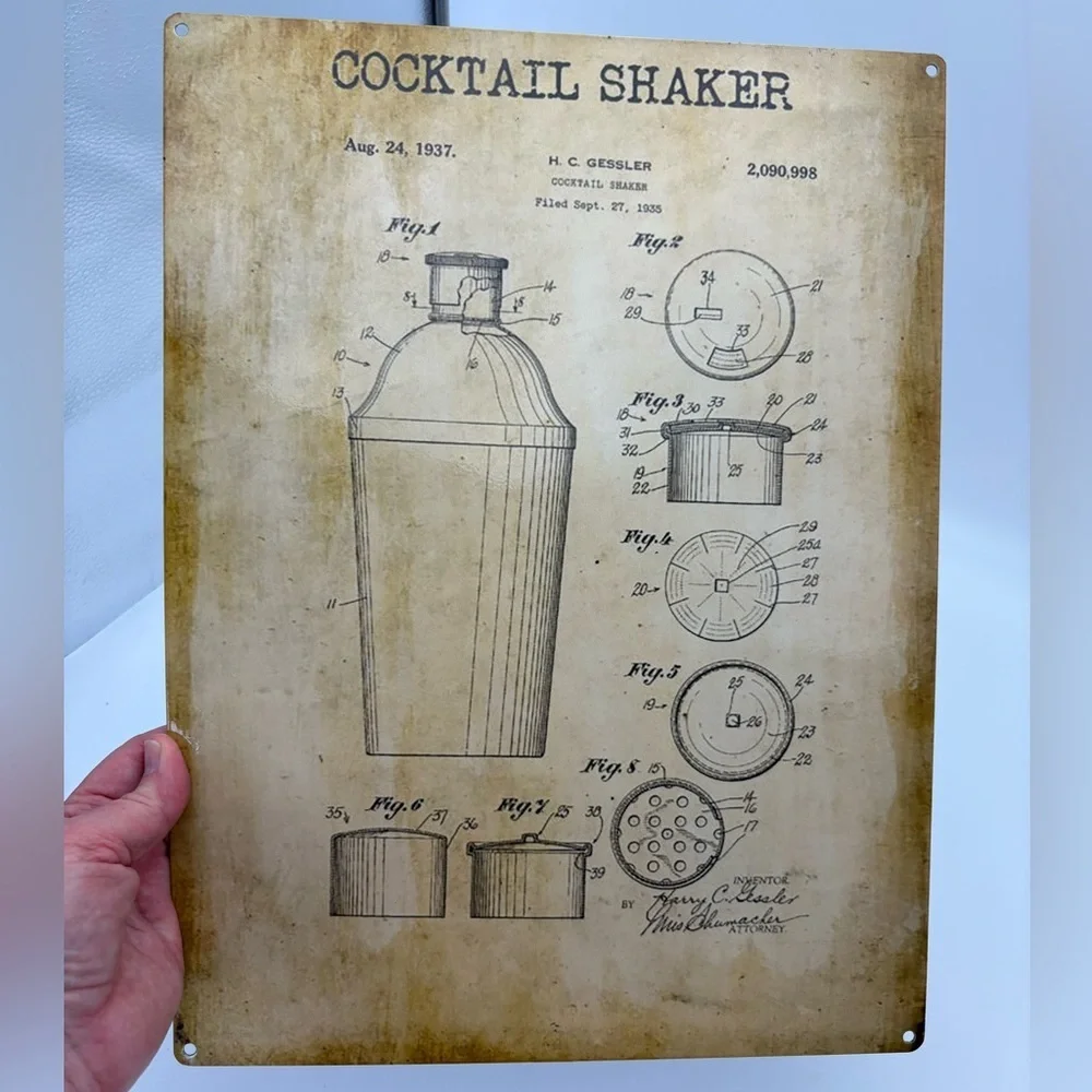 Vintage-Style Cocktail Shaker Patent Metal Sign